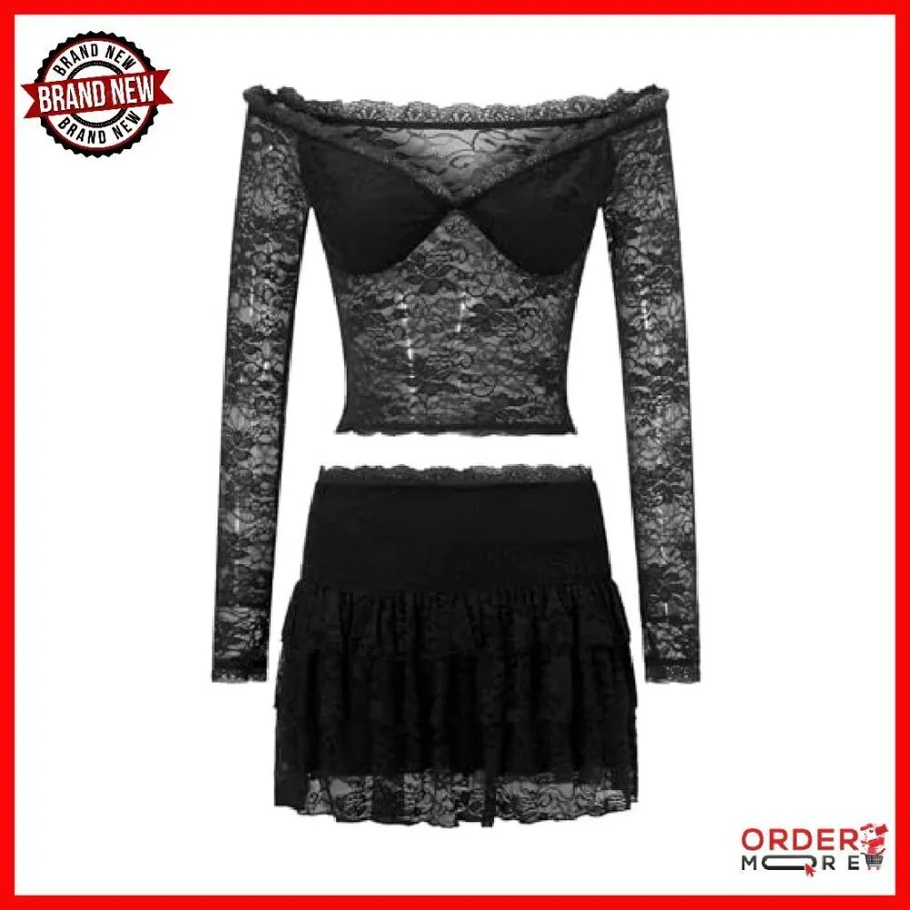 Lace Crop Top & Bodycon Skirt Set, Polyester Spandex, S/M/L